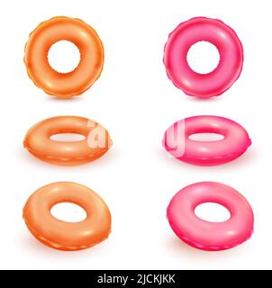 3d inflatable rings. Isolated rubber ring wheel, pool toys swim sea balloons realistic circle lifebuoy for floater swimming buoy tube summer round object tidy vector illustration. Inflatable rubber 3d Stock Vector