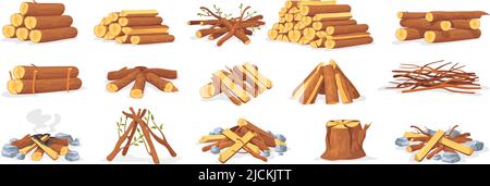 Pile firewood. Stack wood log bonfire, cartoon sticks branches timber forest tree for burning fire, bundle dry brushwood timbered firewoods lumber trunk, neat vector illustration of pile firewood Stock Vector