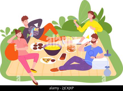 Friendly outdoor picnic. Happy people eat food and drink wine nature, group friends relaxing outdoors, recreation in park, lunch outside person leisure vector illustration of picnic nature bbq Stock Vector