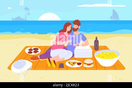 Date seashore. Romantic couple hugging on beach, man and woman drinking wine eating food summer picnic, people rest nature enjoying outdoor, blanket sand splendid vector illustration Stock Vector