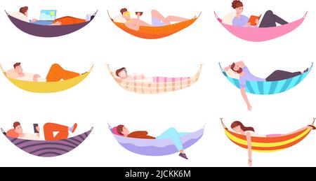 People in hammocks. Man lying relaxing swing hammock, freelancer working laptop reading book home or sea palm beach sleeping resting person fun idyll lifestyle flat splendid vector of hammock swing Stock Vector