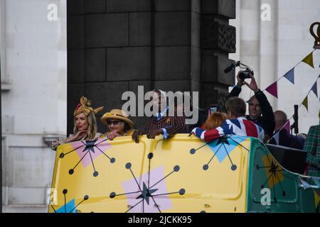 London, UK, 5th Jun 2022, Platinum Jubilee Pageant along the Mall. Starting from Westminister to Buckingham Palace. The Time of our Lives, Part 2 of the Pageant. The jubilant procession showcases the 70 years of the Reign of Queen Elizabeth from 1952 to 2022. 1950s in this part, Andrew Lalchan Photography/Alamy Live News Stock Photo