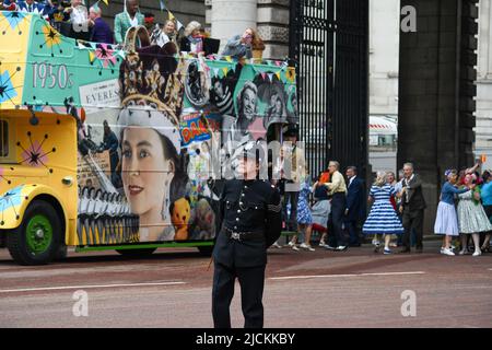 London, UK, 5th Jun 2022, Platinum Jubilee Pageant along the Mall. Starting from Westminister to Buckingham Palace. The Time of our Lives, Part 2 of the Pageant. The jubilant procession showcases the 70 years of the Reign of Queen Elizabeth from 1952 to 2022. 1950s in this part, Andrew Lalchan Photography/Alamy Live News Stock Photo