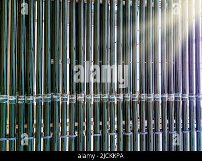 Algae unit for Algae production as sustainable alternative biomass to produce fuel, oil and protein. Nutritional algae farm. Tubular Photobioreactor Stock Photo