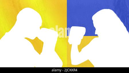 White silhouette of male and female boxer against ukraine flag design background Stock Photo