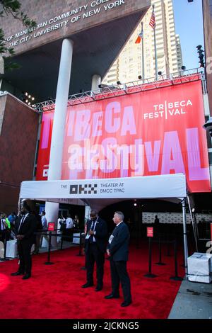 NEW YORK, NY, USA - JUNE 9, 2022: Atmosphere at entrance to Tribeca Film Festival at BMCC Tribeca Performing Arts Center Stock Photo