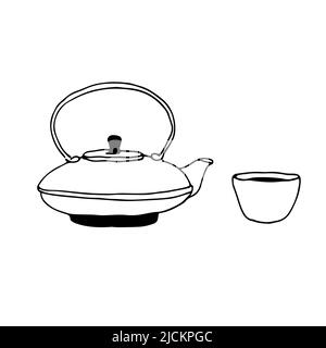 Chinese cast iron teapot and small tea cup, vector illustration isolated on white background Stock Vector