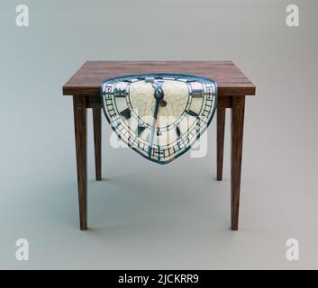 A surreal concept showing an antique tower clock made of a concrete, gold and iron melting and dripping off a wooden table - 3D render Stock Photo