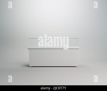 A horizontal empty glass display cabinet in a light museum setting  - 3D render Stock Photo