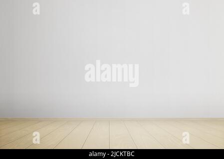 Empty room with white wall and wooden decking floor. Clean surface on floor and wall for product presentation Stock Photo