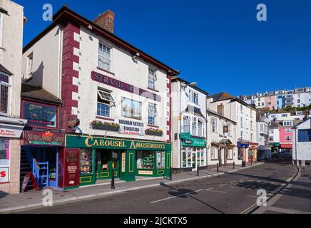 UK, England, Devon, Torbay, Brixham, Traditional Galleries, Pub and Shops on The Strand Stock Photo