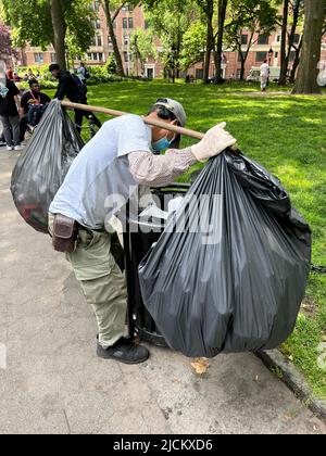 Aluminum can collector checking the trash around Foley Square in Manhattan, New York City. Stock Photo