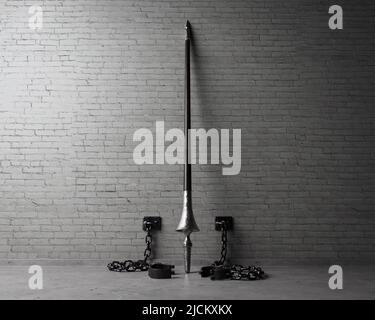 A play on words concept showing an upstanding medieval wooden lance released from iron shackles connected to an isolated brick wall  - 3D render Stock Photo