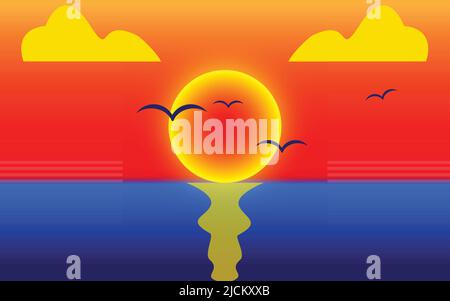 Seascape Sunset Illustration Design Artwork Stock Vector