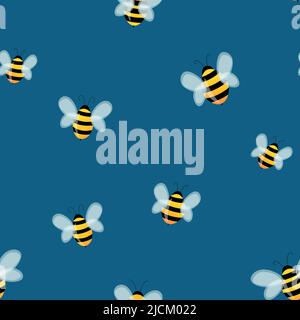 Seamless pattern with bees on color background. Small wasp. Vector illustration. Adorable cartoon character. Design for invitation, cards, textile Stock Vector
