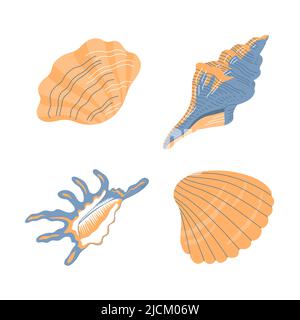 Seashells set. Snail sea shell. Marine underwater twisted seashell. Spiral shape. Undersea mollusc. Animal and wildlife. Flat vector illustration isol Stock Vector