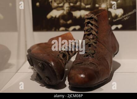 Brighton, UK. 14th June, 2022. Football Boots once worn by Fanny Williams form part of the Goal Power Women's Football 1894-2022 Exhibition launch outside the Royal Pavillion in Brighton. Credit: James Boardman/Alamy Live News Stock Photo