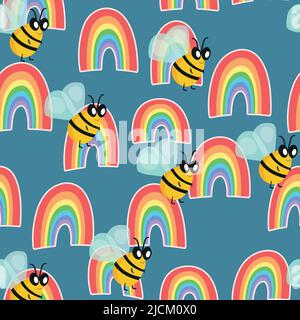 Seamless pattern with bees and rainbow. Small wasp. Vector illustration. Adorable cartoon character. Template design for invitation, cards, textile Stock Vector