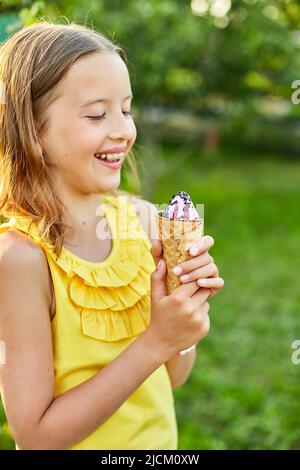 Happy Girl With Braces Eating Italian Ice Cream Cone Smiling While 