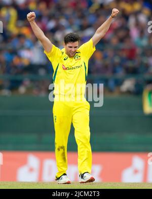 Kandy, Sri Lanka. 14th June 2022. Australia's Jhye Richardson celebrates during the 1st ODI cricket match between Sri Lanka vs Australia at the Pallekele International Cricket Stadium in Kandy on 14th June, 2022. Viraj Kothalwala/Alamy Live News Stock Photo