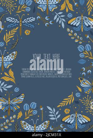 Frame with butterflies. Hand drawn colorful moth and insects. Design for packaging, label and greeting card Stock Vector
