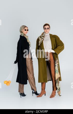 full length of trendy woman with oranges in mesh bag near friend standing with hand on waist on grey background Stock Photo