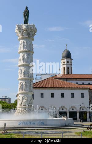 Fountain and church at Skopje on Macedonia Stock Photo