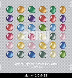 Clear polished gems icons collection - set of 36 transparent gem and glass buttons, different shapes collection Stock Vector