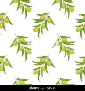Seamless pattern with green olives on branch. Vector illustration Stock Vector