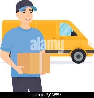 Delivery man in uniform holding box with delivery truck on background. Delivery service. Vector illustration Stock Vector