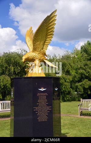 Golden Eagle Sculpture on Granite Plinth Memorial in Honour of the Royal Auxiliary Air Force National Memorial Arboretum, Staffordshire, England, UK. Stock Photo