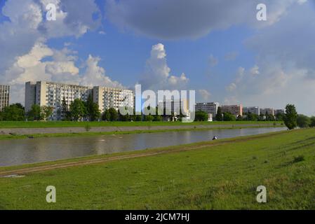 Cumulus nimbus clouds over the Mures river Stock Photo