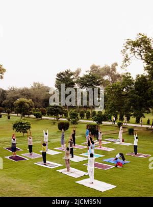 A group f Indians practice early morning yoga asanas in Lodi Gardens, New Delhi, India. Stock Photo