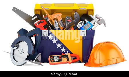 Bosnian flag painted on the toolbox. Service, repair and construction in Bosnia and Herzegovina, concept. 3D rendering isolated on white background Stock Photo