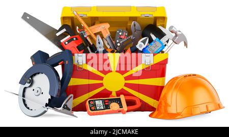 Macedonian flag painted on the toolbox. Service, repair and construction in Macedonia, concept. 3D rendering isolated on white background Stock Photo