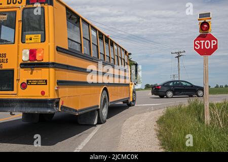 STOP signage with red light flashing, yellow school bus at the intersection. Stock Photo