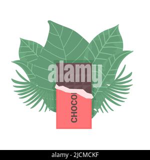 Chocolate bar among green leaves. Opened wrap of chocolate. Isolated on white background vector illustration in flat style Stock Vector