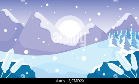 Snowfall scene with mountains, pine trees and setting sun. Winter nature landscape vector illustration Stock Vector