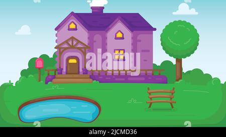 Single house with letterbox and chimney on roof. In front of house is small pond and bench. flat style countryside cottage. vector illustration Stock Vector