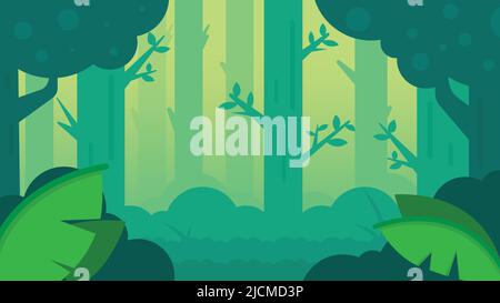 Deep forest scene with mist. This nature scene in the forest is full of big trees, mist and bushes. vector illustration Stock Vector