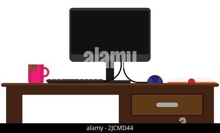 Home office desk with computer set, coffee and open book. Flat vector illustration. Stock Vector