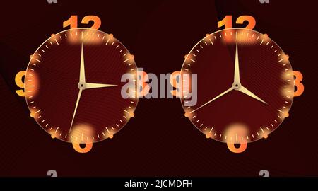 Clock glassmorphism effect. Set 3d style round timer Gold clock face and hands for mobile app design. Business icon. Modern concept background Stock Vector