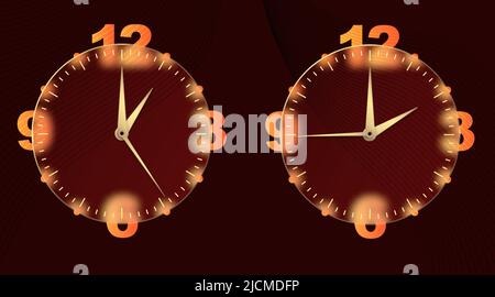 Clock glassmorphism effect. Set 3d style round timer Gold clock face and hands for mobile app design. Business icon. Modern concept background Stock Vector