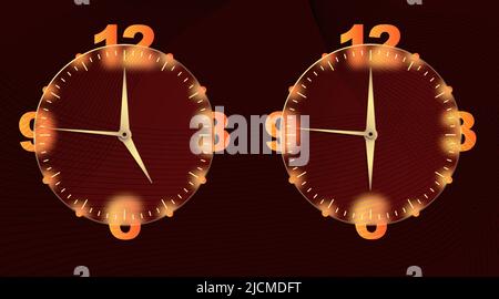 Clock glassmorphism effect. Set 3d style round timer Gold clock face and hands for mobile app design. Business icon. Modern concept background Stock Vector