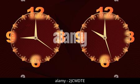Clock glassmorphism effect. Set 3d style round timer Gold clock face and hands for mobile app design. Business icon. Modern concept background Stock Vector
