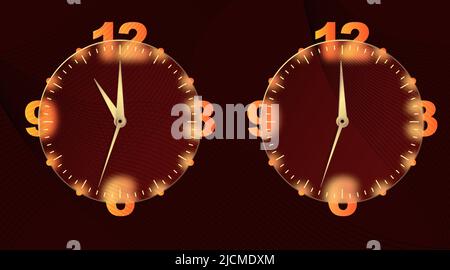 Clock glassmorphism effect. Set 3d style round timer Gold clock face and hands for mobile app design. Business icon. Modern concept background Stock Vector