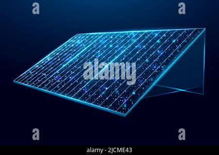 Solar battery, solar panel. Renewable alternative energy concept with glowing low poly panel on dark blue background. Wireframe low poly design. Abstr Stock Vector