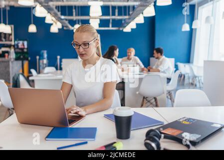 Portrait of a serious businesswoman using laptop in office. Stock Photo