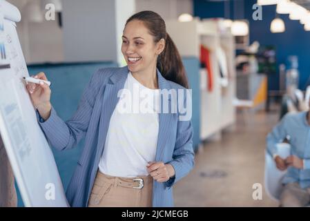 Woman makes report to her colleagues, writing on white board. Stock Photo