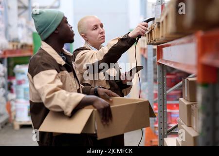 Woman checking barcodes of parcels on shelves with scanner together with her colleague helping her at warehouse Stock Photo